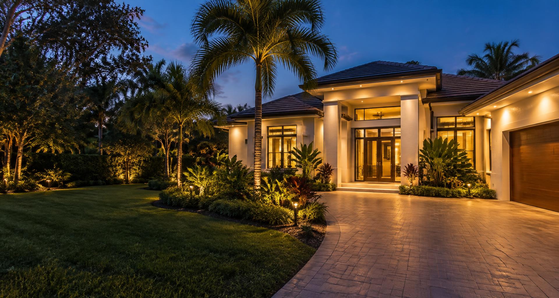 A Central Florida home illuminated at dusk